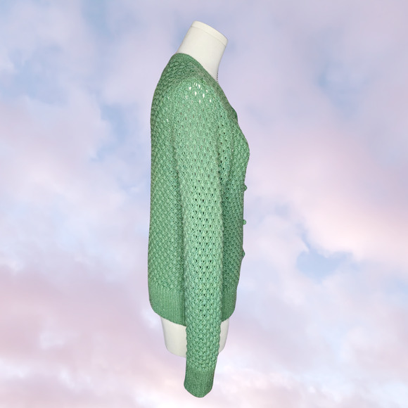 Vtg Light Green L.L Bean Button Up Knit Wool Blend V-Neck Long Sleeve Sweater M - Picture 4 of 6